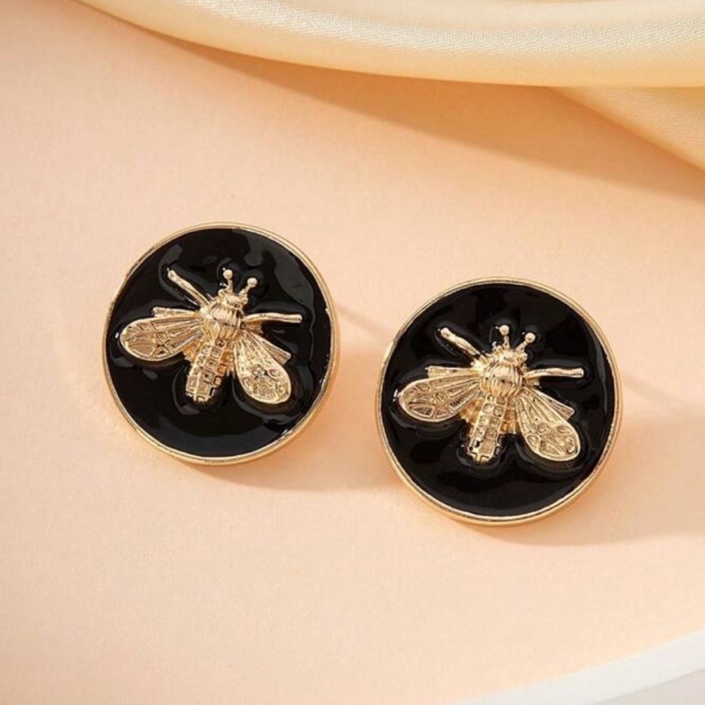 Gold Black Bee Stud Earrings
